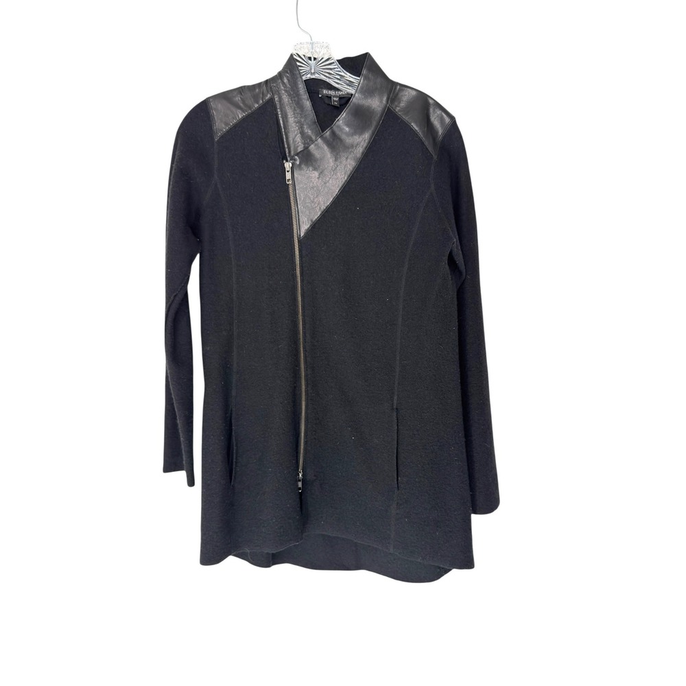 Eileen Fisher Black Wool Blend Jacket with Leather Trim